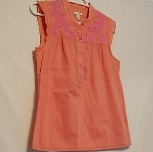 J.Crew Embroidered Flower Detail Boho Top Cotton Cap Sleeve Mandarin Collar